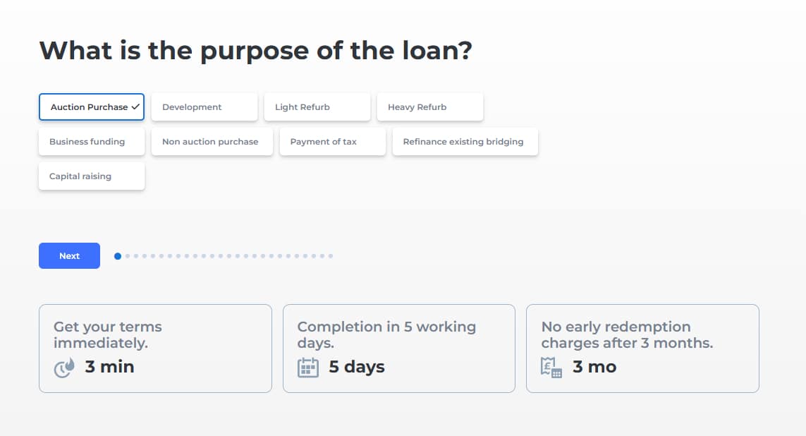 Lendlord bridging loan application - select purpose, get terms in minutes