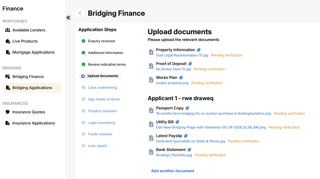 Bridging finance documents required - upload documents in the Lendlord application