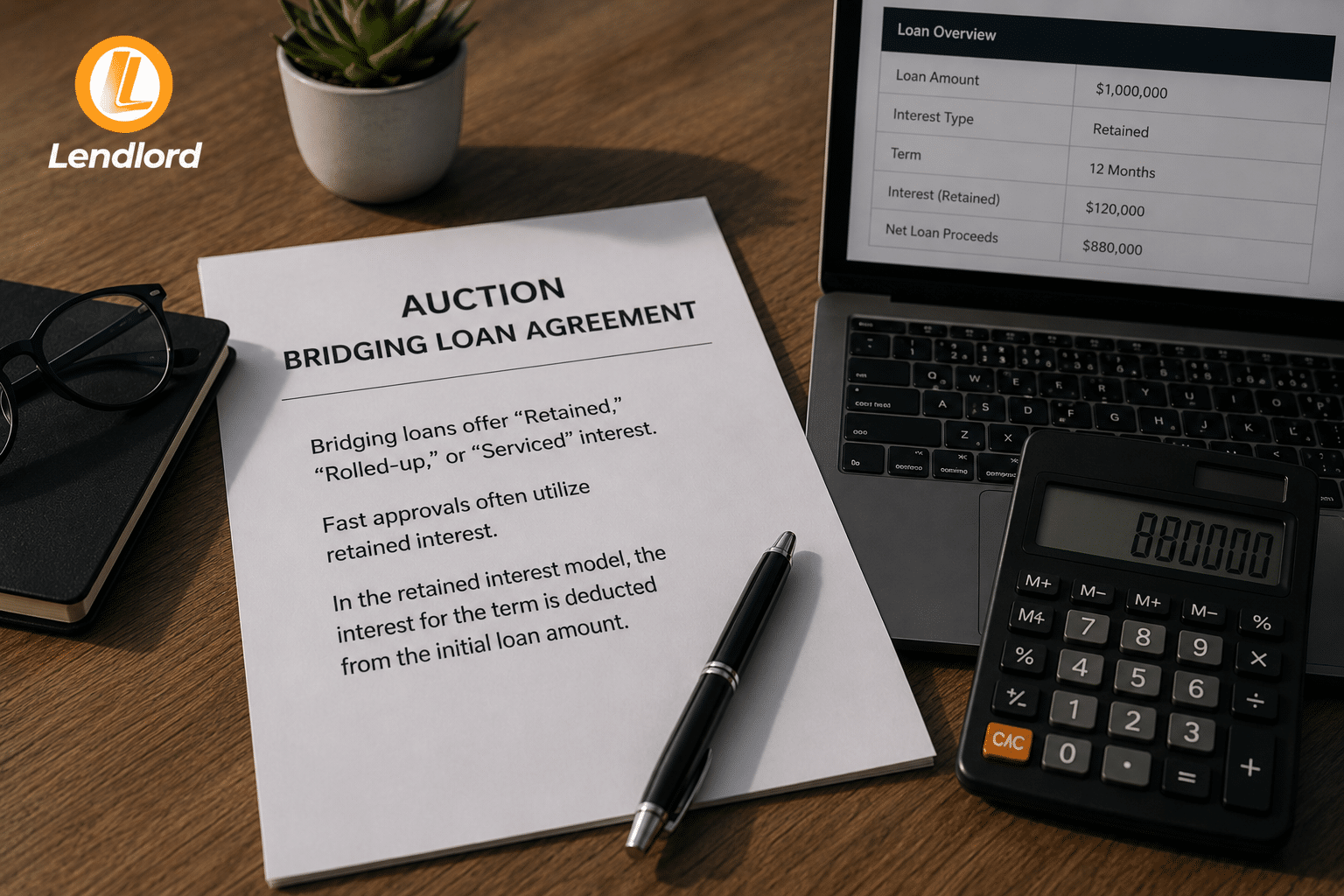 Auction bridging loans by Lendlord - retained, rolled-up and serviced interest explained on an auction bridging loan agreement