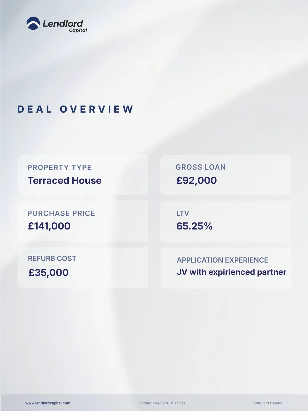 Leicestershire deal overview - terraced house, purchase price GBP141,000, refurb cost GBP35,000, gross loan GBP92,000, 65.25% LTV - Lendlord Capital