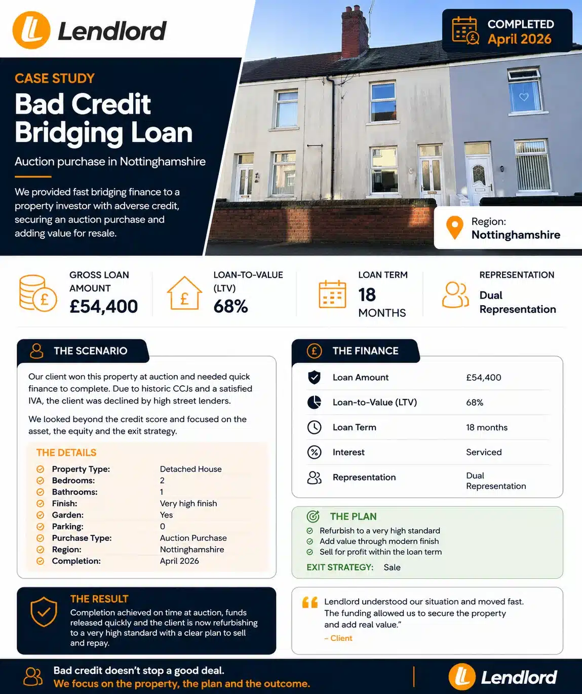 Bad credit bridging loan case study - auction purchase in Nottinghamshire - Lendlord