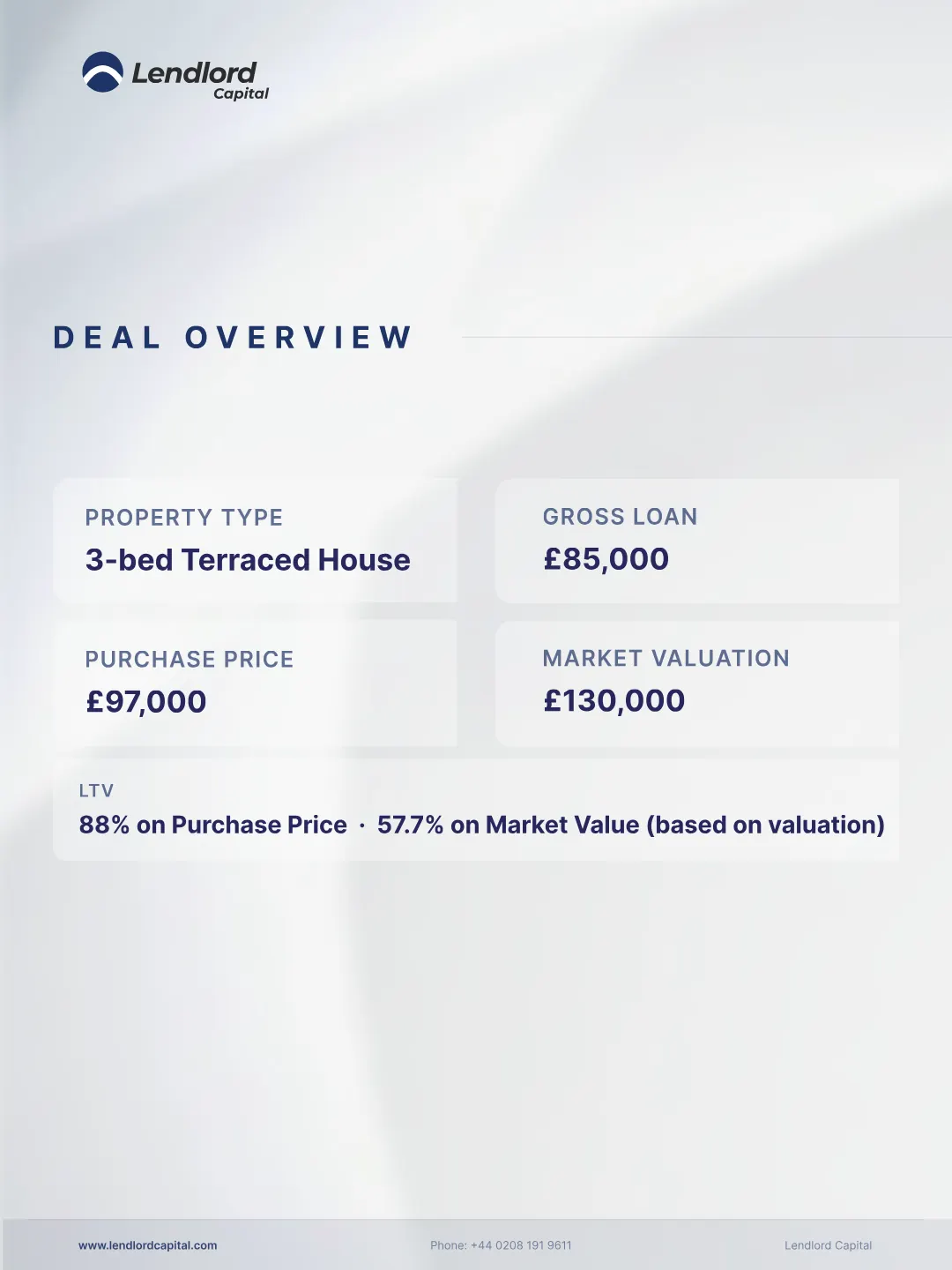 Wales deal overview - 3-bed terraced house, purchase price GBP97,000, market valuation GBP130,000, gross loan GBP85,000, 88% LTV on price, 57.7% on value